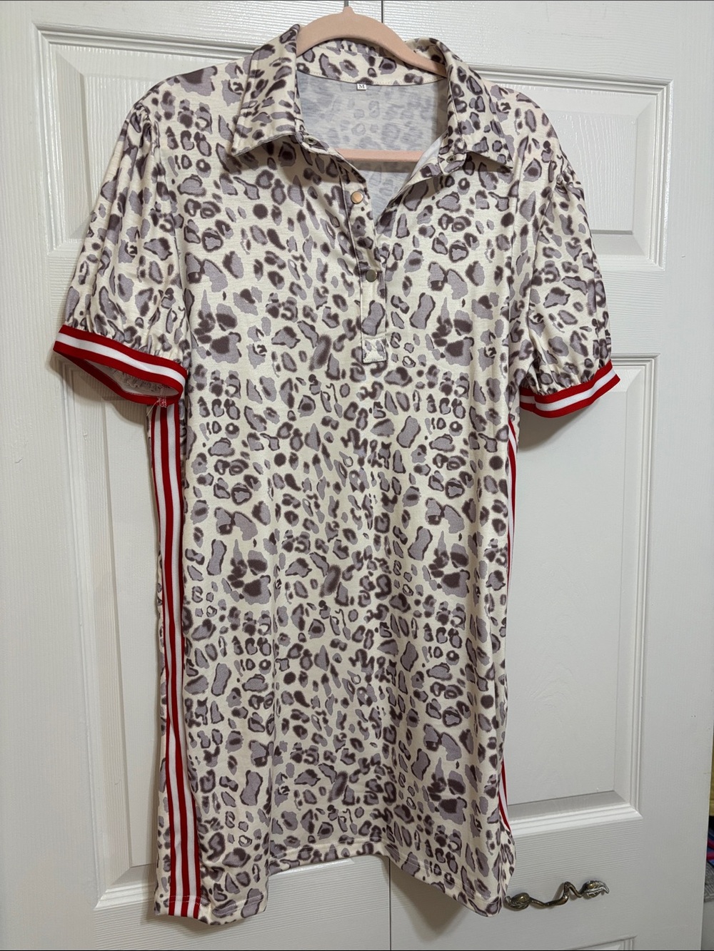 Leopard Print Polo Dress with Red Stripe Trim LIKE NEW